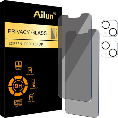 Ailun 2Pack Privacy Screen Protector for iPhone 13 (6.1") + 2 Camera Lens Protectors, Anti-Spy Tempered Glass, 9H