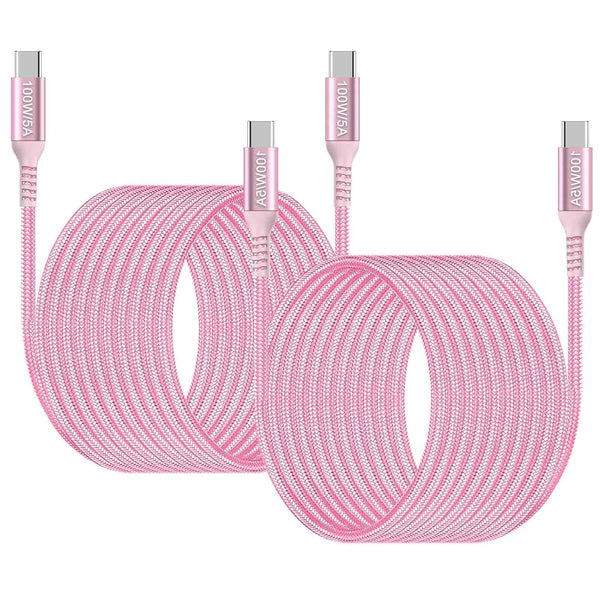 15ft USB C to USB C Cable (2-Pack) Pink, 100W Fast Charging Braided Cable for iPhone 15 Pro Max, MacBook Pro, iPad Pro