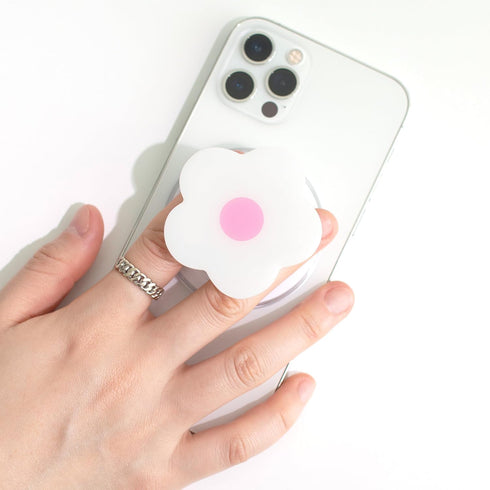 OnTheGrip Compatible with Magsafe Magnetic Authentic Solid Color Daisy Flower Design Collapsible Mobile Phone Grip Stand Holder for Smartphone Tablet Cell Phone Accessory (Magsafe Type, White Pink)