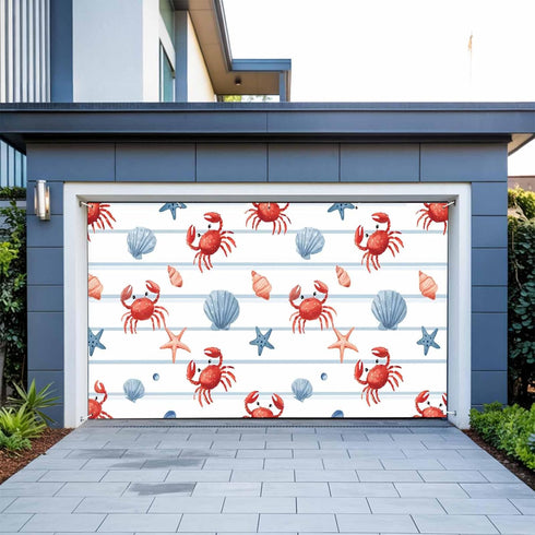 GNAKT AREWG Garage Door Banner Cover 13x6ft Summer Crab Starfish Shell Conch Garage Door