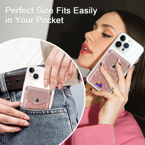 Self Adhesive Card Holders for Back of Phone, Cute Leather RFID Phone Wallet Pockets with Snap, Slim Card Holders