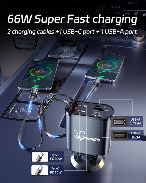 Retractable Car Charger, 66W Super Fast USB Charger with Dual Type-C Cables and 2 USB Ports for iPhone and Samsung