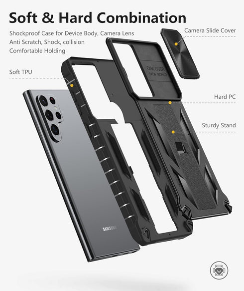 Case for Samsung Galaxy S22 Ultra 5G: Military Grade Rugged Protective Phone Cover with Built-in Kickstand - Black