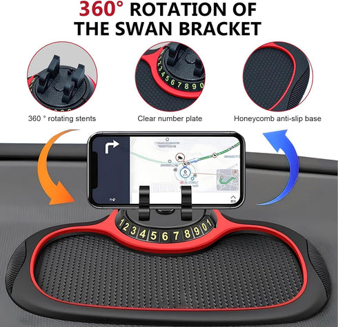 Teybouk 360 Car Anti-slip Mat Phone Holder, Multi-functional Center Console Storage Mat with Temporary Parking Numbers
