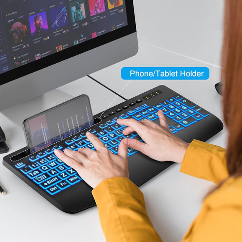 SABLUTE Large Print Backlit Computer Keyboards, Wired USB with 7-Color Backlit, Wrist Rest for Easy Typing