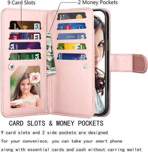 Njjex iPhone 12 Mini Wallet Case (2020), 9 Card Slots, PU Leather, Detachable Kickstand, Magnetic Cover, Rose Gold
