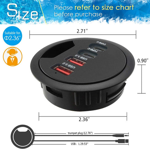 Grommet Desk-Fit USB 3.0 Hub, 2 Port Type A & 2 Port Type C, Compatible Charging and Data Transmission