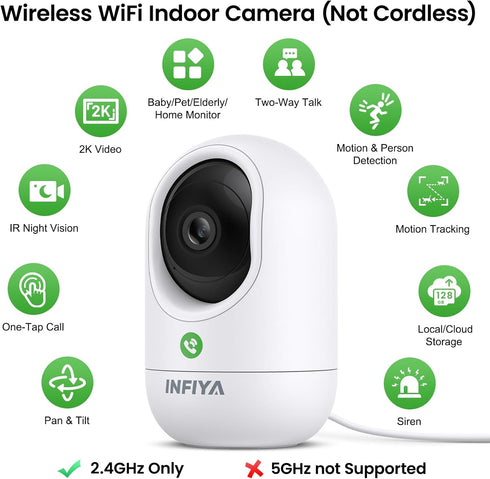 INFIYA 2K K7 1Pack (2.4GHz Baby Camera-WiFi Home Security Cameras Indoor via One-Tap Call with Elderly/Baby/Nanny