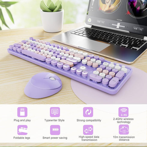 Wireless Keyboard and Mouse Combo, Ergonomic Full Size Typewriter Retro Round Keycaps, Compatible with Windows (Purple)
