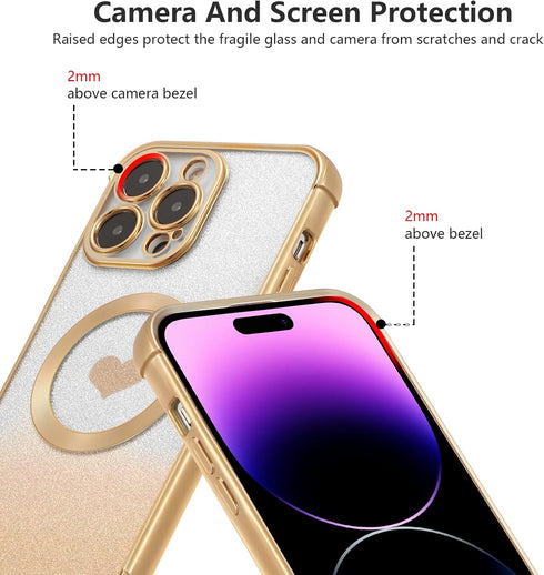 RALEAVO Magnetic Gradient Glitter Case for iPhone 14 Pro Max - Bling Clear Love Heart, Shockproof, MagSafe Compatible -