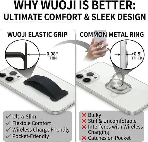 WUOJI -2Pack(Black) Finger Strap Phone Holder - Ultra Thin Anti-Slip Universal Cell Phone Grips Band Holder for Back