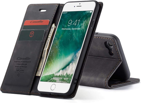 SINIANL Leather Folio Case for iPhone 7/8, Kickstand Credit Card Holder with Magnetic Closure, Black