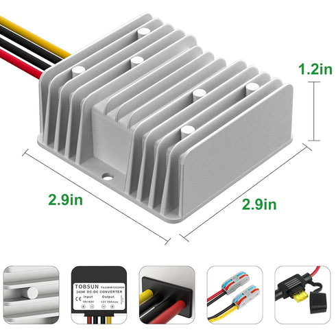 20A 240W Waterproof Voltage Converter 18V 20V 24V 36V 48V to 12V with Fuse Buck Reducer for Golf Cart (Inputs 18V-60V)