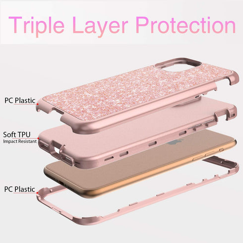 Coolwee Glitter Full Protective Case for iPhone 11, Heavy Duty Hybrid 3 in 1 Shockproof for Women Girls Rose Gold