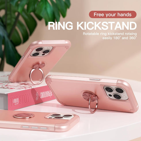 IDweel iPhone 13 Pro Max Case - Rose Gold, 2-in-1 Shockproof, Screen Protector, 360° Ring Holder, Camera Lens Protector.
