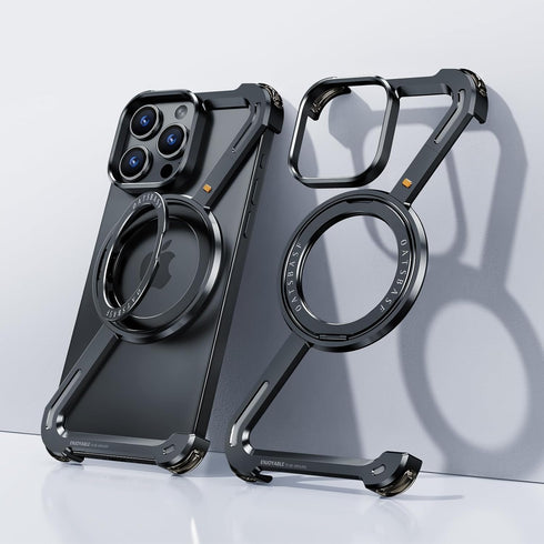 OATSBASF Minimalist Phone Case for iPhone 14 Pro - 360° Rotation Kickstand, Aluminum Metal Frameless Design, Protective