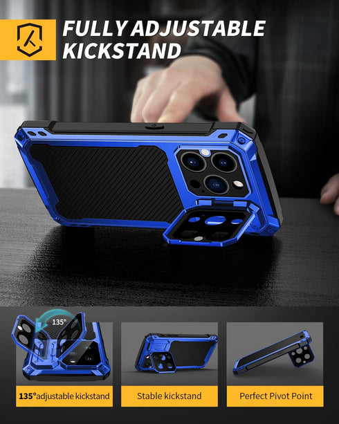 Lanhiem for iPhone 14 Pro Max Metal Case, Built-in Camera Kickstand & Tempered Glass Screen Protector, Blue