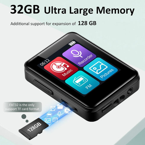 VANSING 1.8 inch MP3 32GB MP3 512GB, Player with Bluetooth, Digital Music Player for Kids, Portable Mini Bluetooth