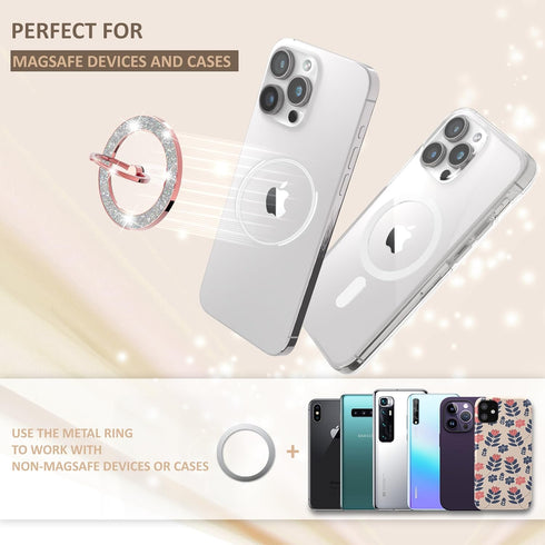 Magnetic Phone Ring Holder for MagSafe, Grip for iPhone Compatible with MagSafe Wireless Charging (Glitter Rose Gold)