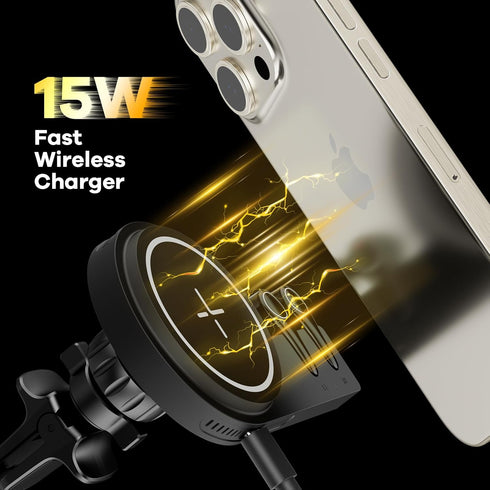 Magsafe Car Mount Charger & Bluetooth Earbud, 15W Magnetic Wireless Car Charger for iPhone 15/14/13/12 Series