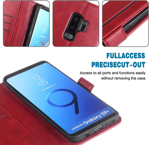 Phone Case for Samsung Galaxy S9 Plus, Leather Wallet with Tempered Glass Screen Protector, Card Holder, Red