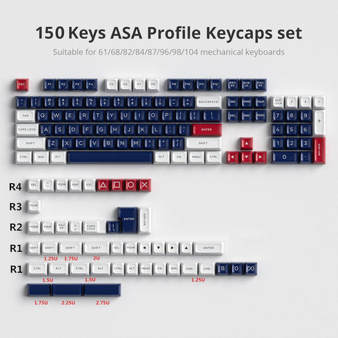 GTSP 150-Keys ASA Profile Keycaps, Double Shot PBT for 75 Percent ISO/ANSI Layout, Compatible with 108/104/87/82/68/61