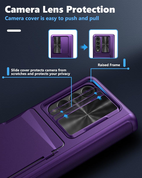 Viaotaily Dark Purple Case for Samsung Galaxy Z Fold 3 with Card Holder & Slide Camera Cover, Built-in Screen Protector