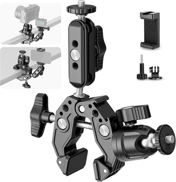 NEEWER Super Clamp with 3" Dual Ballhead Magic Arm, Phone Holder, Action Camera Clamp Mount for Flat/Round Surfaces