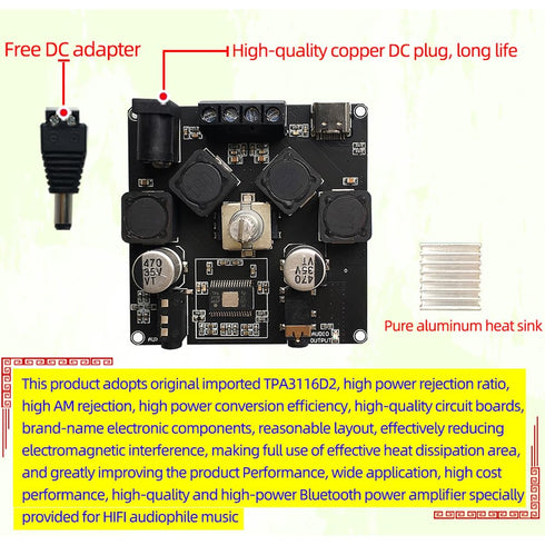 AP50H TPA3116D2 Bluetooth 5.0 Digital Power Amplifier Board, AUX 2X 50W Speaker Stereo Audio AMP Module, Home Music