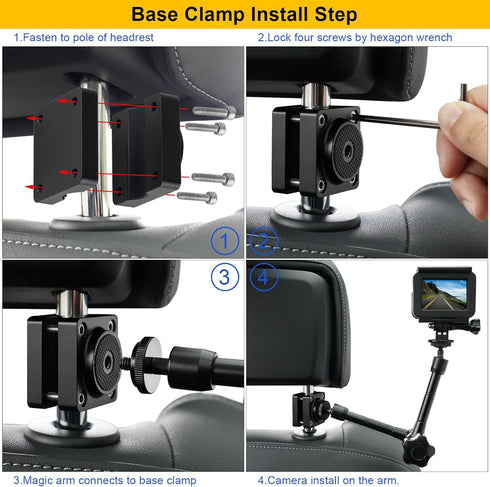 Car Headrest Camera Mount for GoPro/Insta 360/DJI OSMO, 10 inch Length Magic Arm, Aluminum Alloy