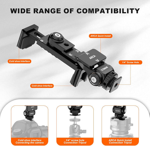 Metal Phone Tripod Mount - Holder Stand with 3 Cold Shoes & Arca Port, Universal Smartphone Mount Adapter, 360° Rotates