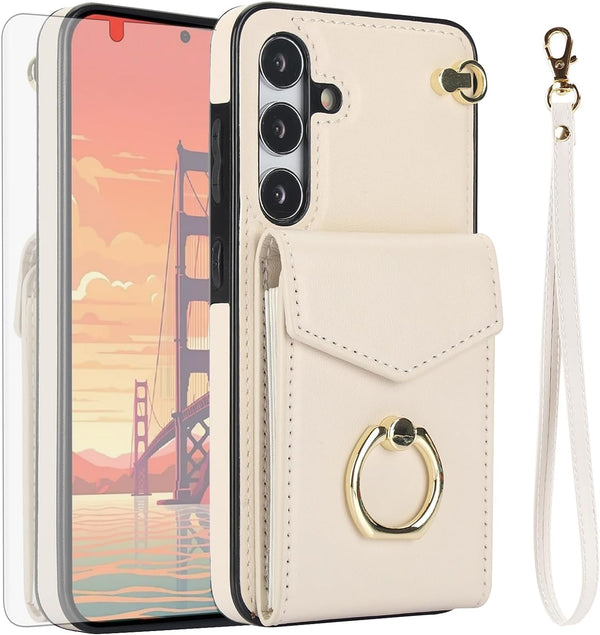 Asuwish Wallet Case for Samsung Galaxy S24 5G - Off White, Leather, RFID Blocking, with Tempered Glass & Card Holder.
