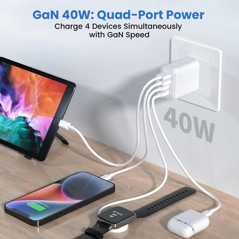 DILTEX 4USB 40W 2 Pack Ports Gan Foldable Charger - Compact USB-C & USB-A Fast Charger with Smart Power Output for Safe