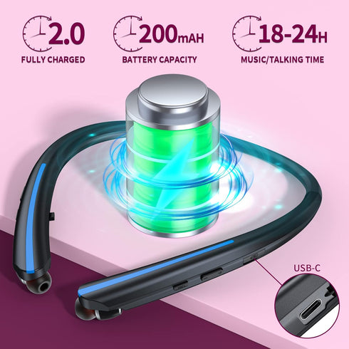 Neckband Bluetooth Headphones, Retractable Earbuds IPX5 Sweatproof, Wireless Headset with Microphone for Sports,
