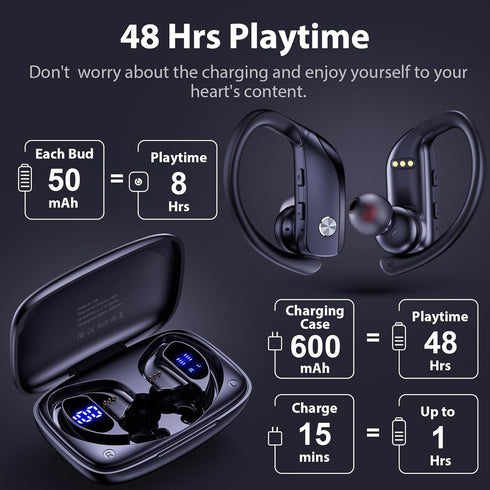 bmanl Wireless Earbuds Bluetooth Headphones, 48hrs Playback, Over-Ear Buds with LED Display, Built-in Mic for Workout