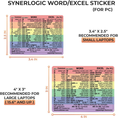 Synerlogic Word/Excel Windows Shortcut Sticker: Laminated Keyboard Reference Guide, 2pcs (Rainbow/Small) for Home Office