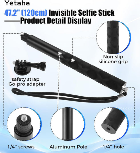 Yetaha 47.2" (120cm) Insta360 X5/X4/X3, 1311, Invisible Selfie Stick, Extended Monopod Pole Compatible for GoPro Hero