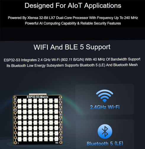 ESP32-S3 Matrix Development Board with 8×8 RGB LED Matrix, QMI8658C Attitude Sensor, 17 Multi-Function GPIO Pins,