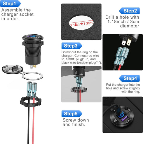 12V USB Outlet Aluminum Car Charger PD65W for Laptops, Quick Charge 3.0 USB Port with Voltmeter for RV Marine Boat