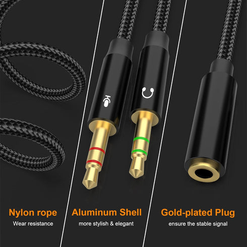 Headphone Splitter Mic Cable, 3.5mm Female to Dual Male Audio Splitter Cord, 46inch, Black