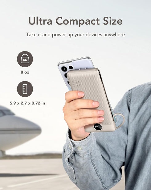 VEGER Portable Charger for iPhone, 10000mAh Slim Fast Charging USB C Power Bank with Built-in Cables