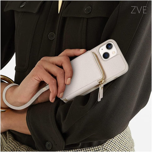 ZVE Wallet Case for iPhone 13 - Credit Card Holder, Zipper RFID Blocking Leather Case with Wrist Strap - Beige