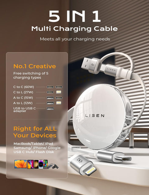 LISEN 5-in-1 Fast Charging Retractable Cable for iPhone, iPad, Samsung - 60W Charger with USB-C/A Ports for Phones, Tablets