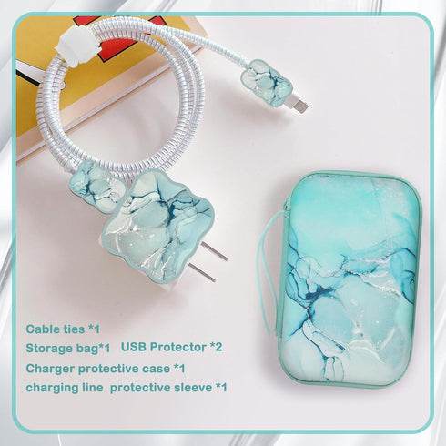 CameCosy DIY Phone Charger Cover Storage Sets USB Earphone Wire Saver Cable Organizer with Travel Storage Bag, Soft Cute Cable Protector Phone Charger Protector Compatible for iPhone(Green Marble) by CameCosy