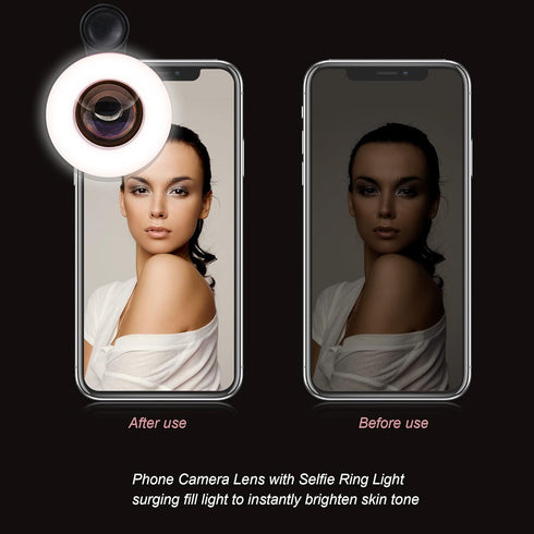 Macro Lens for iPhone and Android with Mini Clip Ring Light - Portable Rechargeable Dimming for Smartphone Photography