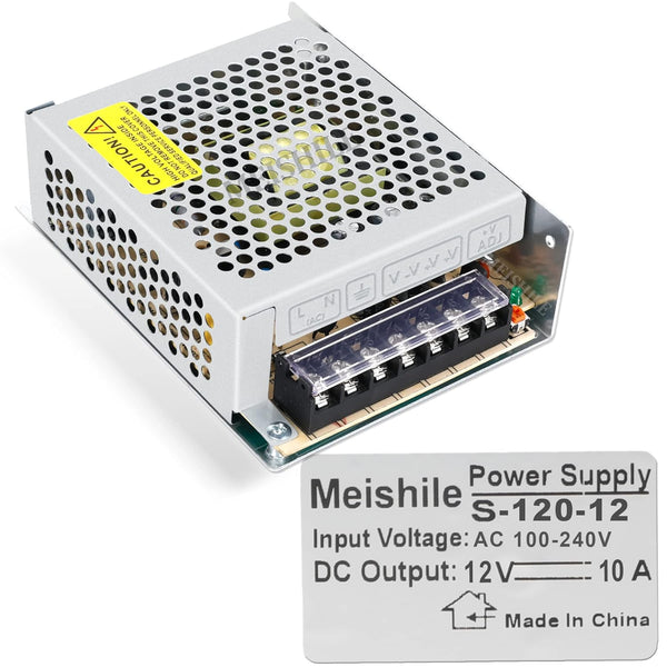 MEISHILE 12V 10A 120W DC Switching Power Supply Adapter, 110V AC to DC, Industrial Transformer Converter