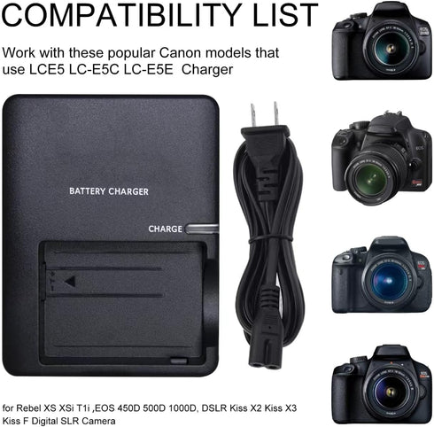 LP-E5 Quick Charger for Canon Battery: LCE5, LC-E5C, LC-E5E, EOS Compatible with Rebel XS, XSi, T1i, 450D, 500D, 1000D