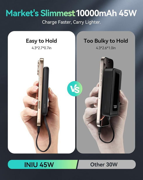 INIU 45W 10000mAh Commuter PawGo Portable Charger, PD Slim Power Bank with Built-in USB-C, Travel Airplane Camping