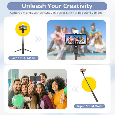 SENSYNE 360 Selfie Stick with Light, Phone Tripod with Rotatable Handle Compatible with Cellphones