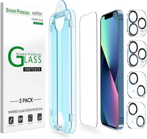 amFilm OneTouch Screen Protector for iPhone 13 & 13 Pro (6.1", 2021) - Tempered Glass, Full Coverage, Easy Install, 2+2